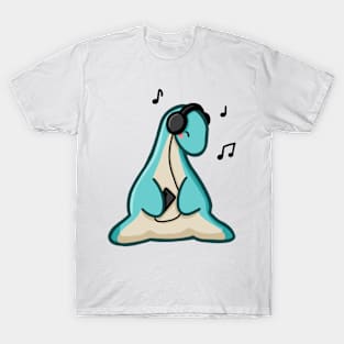 Vibing Long Neck Dino, Dinosaur, Music, Black T-Shirt